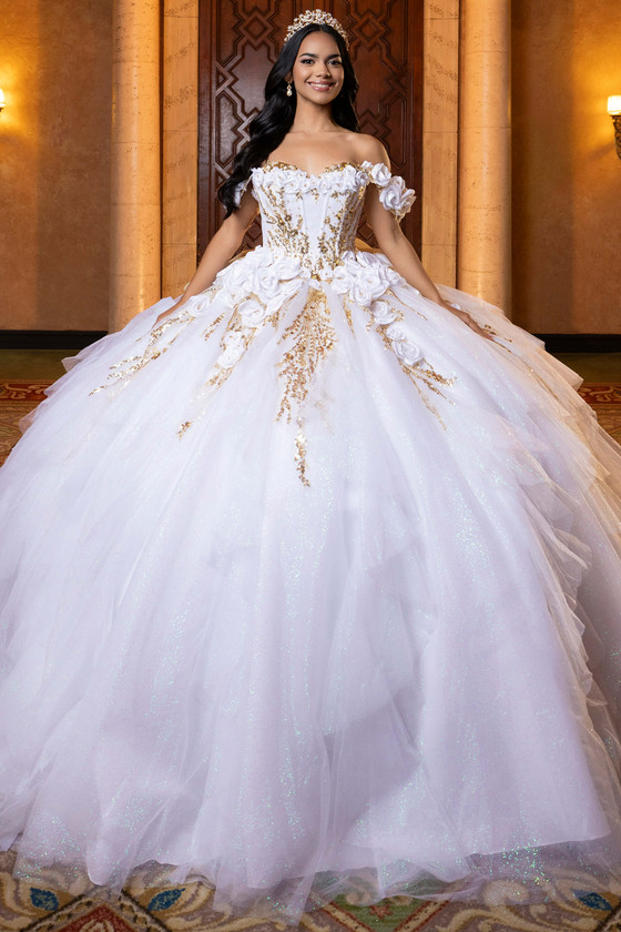 Vizcaya 4080020 white gold 3D floral quinceanera ball gown, front view
