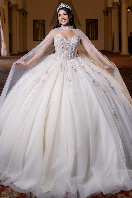 Vizcaya 4080023 champagne ivory convertible quinceanera ball gown with glitter tulle cape, front view