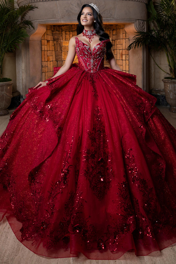 Vizcaya 4080025 red butterfly cat eye quinceanera ball gown, front view