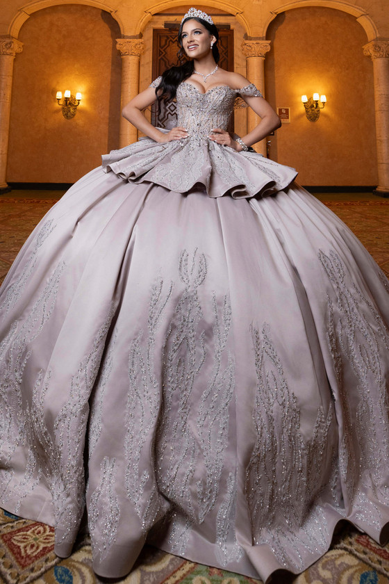 Vizcaya 4080030 latte silver convertible quinceanera ball gown, front view
