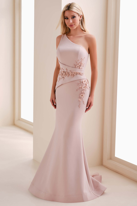 Front view of Cameron Blake CB142 foundation crepe mother dress with floral appliqués