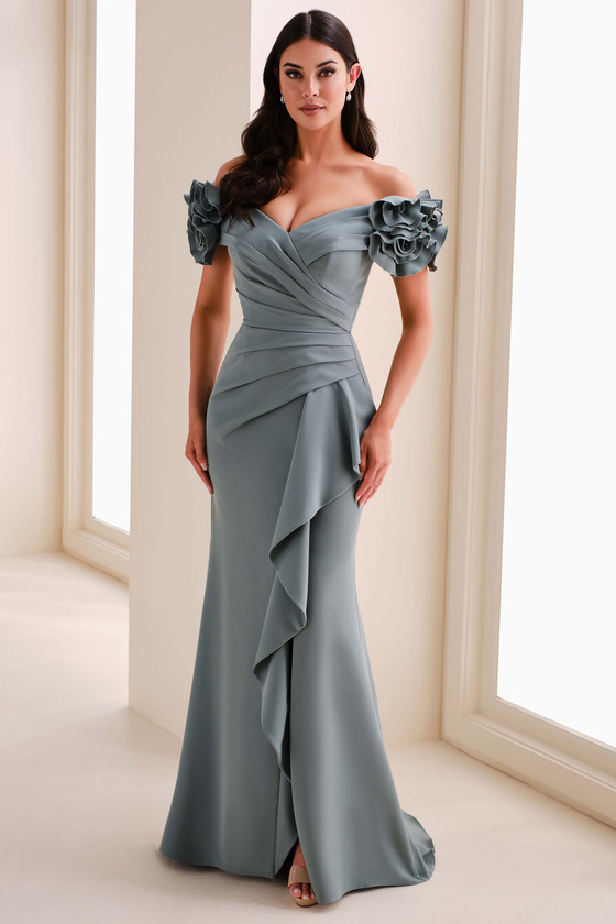Front view of Cameron Blake CB209 eucalyptus crepe mother dress with 3D flowers
