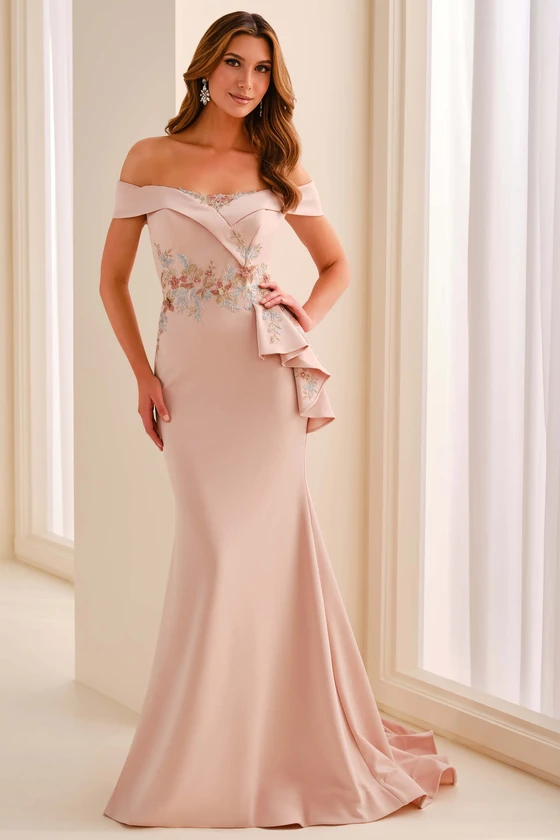 Front view of Cameron Blake CB779 blush crepe mother dress with floral lace appliqués