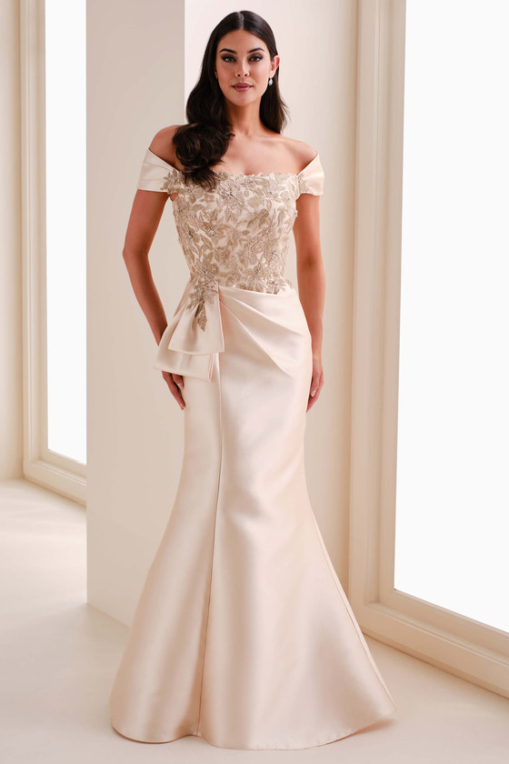 Front view of Cameron Blake CB829 honeysuckle Mikado mother dress