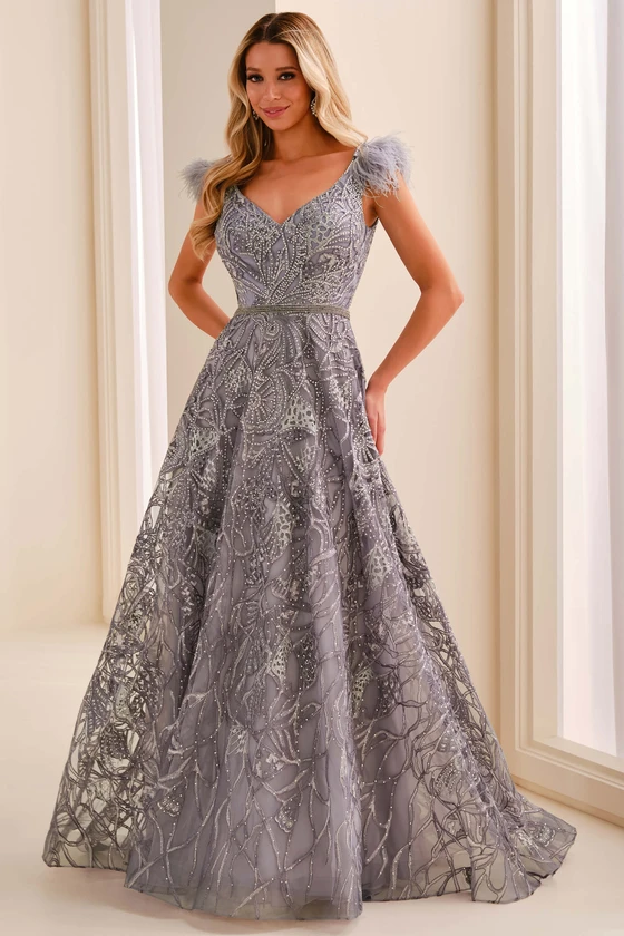 Front view of Ivonne D ID906 periwinkle embroidered lace A-line mother dress