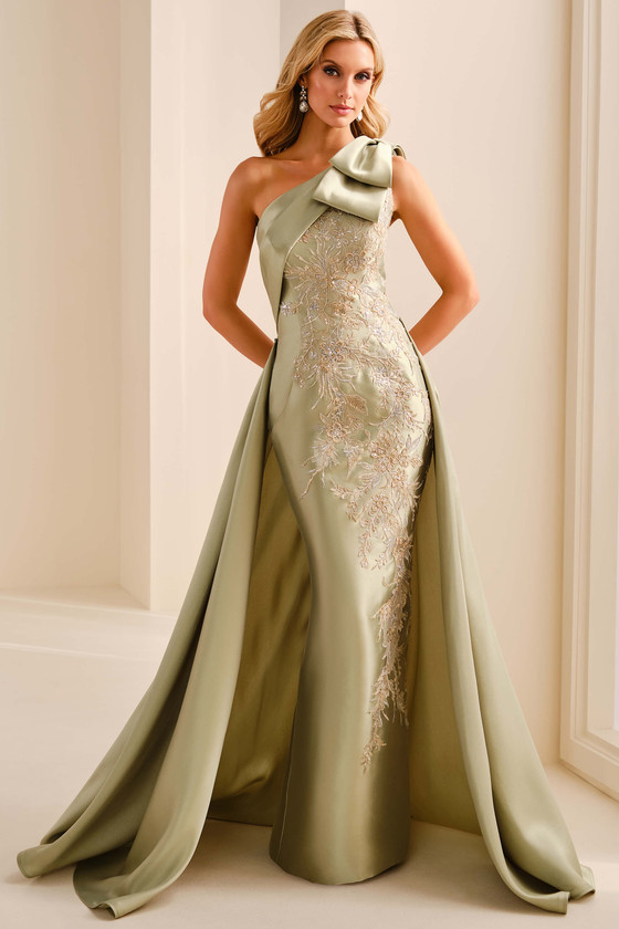 Front view of apple green Ivonne D ID2207 Mikado sheath mother dress with overskirt