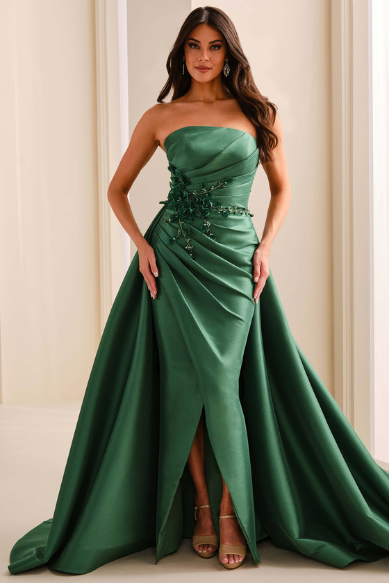 Front view of jade Ivonne D ID2210 Mikado fit and flare mother dress with detachable train