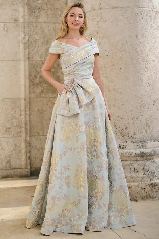 Front view of Christina Wu Elegance 17162 brocade mother dress with detachable bow