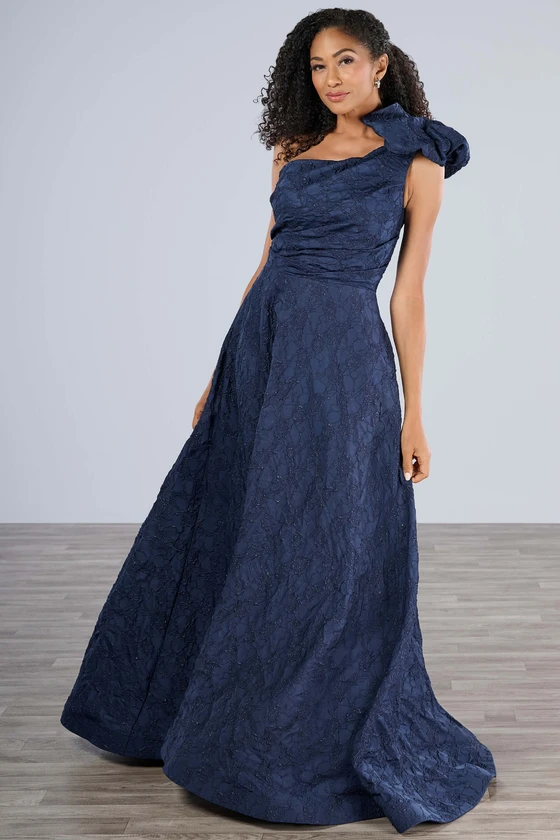 Front view of navy Christina Wu Elegance 17192 one-shoulder brocade mother dress
