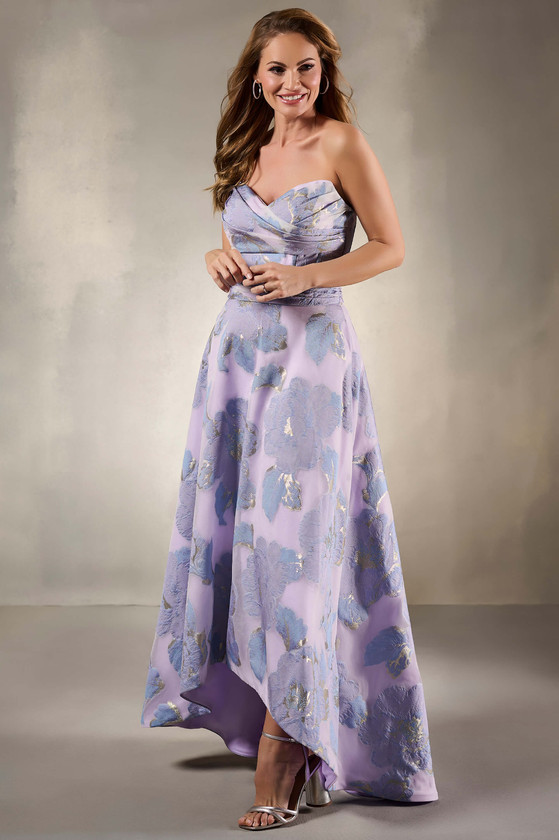Front view of Christina Wu Elegance 17216 lilac floral jacquard mother of the bride dress