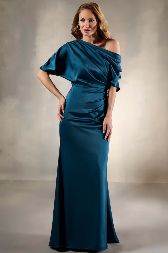 Front view of Christina Wu Elegance 17217 dark teal charmeuse mother of the bride dress