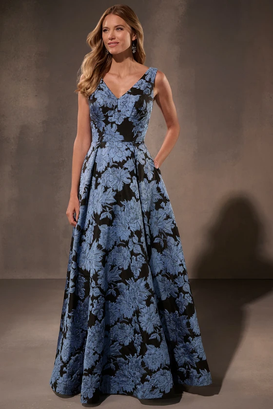 Front view of Christina Wu Elegance 17222 blue and black floral organza mother of the bride dress