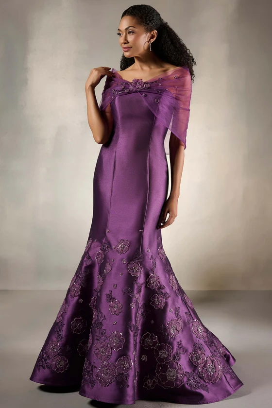 Front view of Christina Wu Elegance 17224 amethyst Mikado mother of the bride dress with tulle shawl