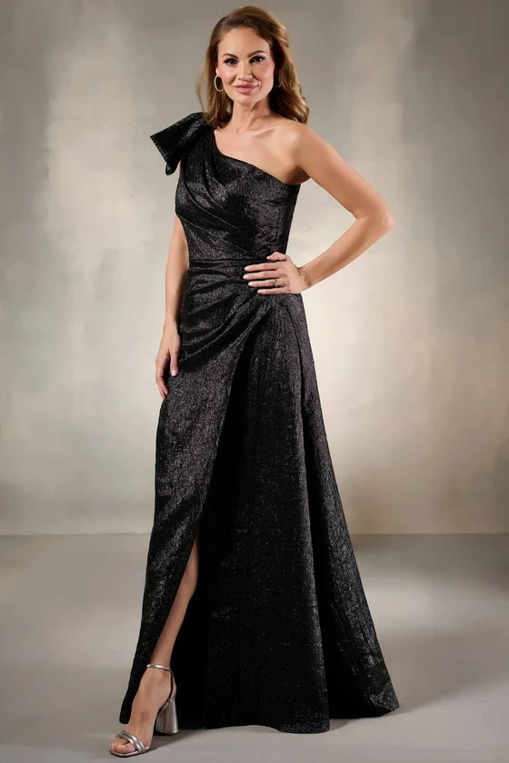 Front view of Christina Wu Elegance 17226 black metallic brocade mother of the bride dress