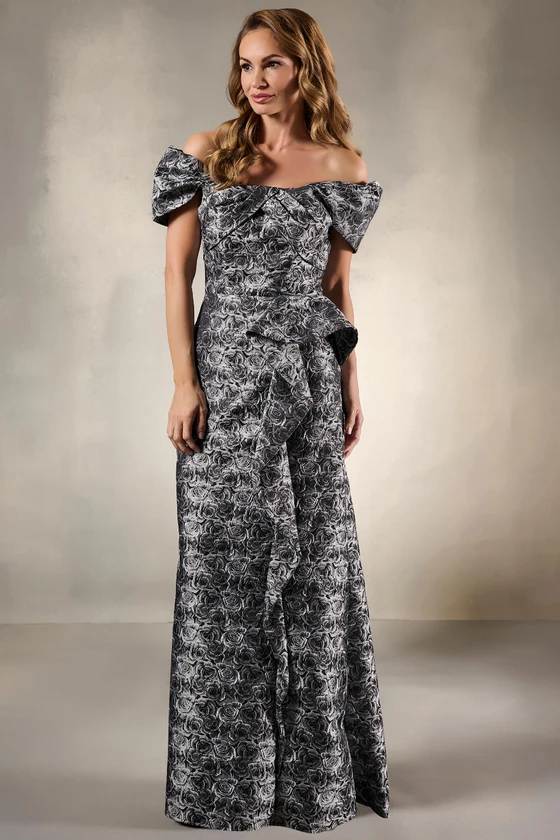 Front view of Christina Wu Elegance 17230 grey multi brocade mother of the bride dress