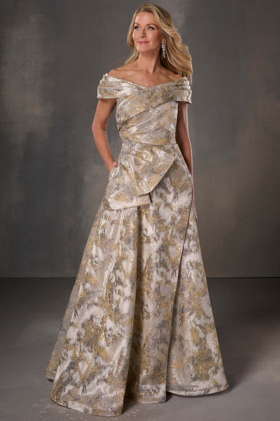 Front view of Christina Wu Elegance 17256 golden slate metallic brocade mother of the bride dress