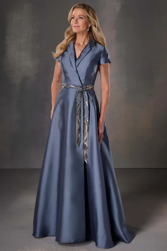 Front view of Christina Wu Elegance 17263 slate Mikado mother of the bride dress with beaded belt.