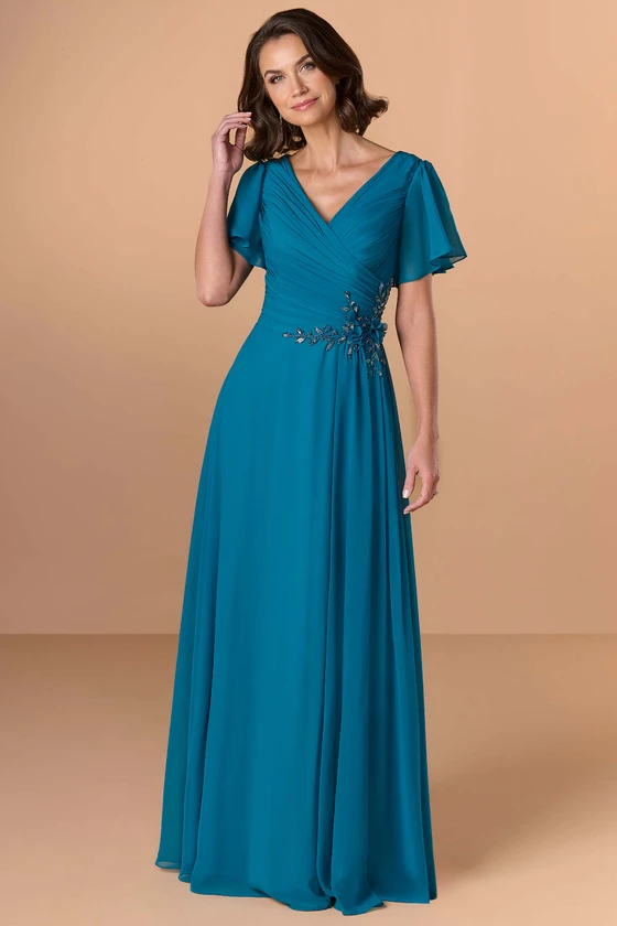 Front view of Christina Wu Elegance 17266 teal blue chiffon mother of the bride dress.