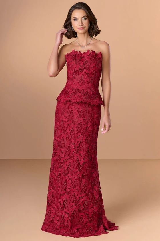 Front view of Christina Wu Elegance 17282 cranberry lace mother of the bride dress.