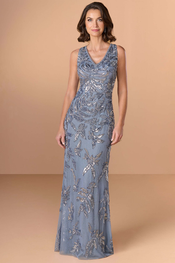 Front view of Christina Wu Elegance 17283 misty blue beaded mesh mother of the bride dress.