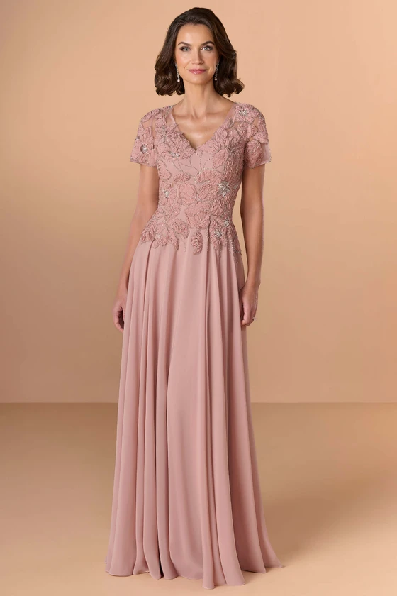 Front view of Christina Wu Elegance 17284 dusty rose chiffon mother of the bride dress.