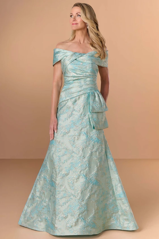 Front view of Christina Wu Elegance 17289 blue gold jacquard mother of the bride dress.