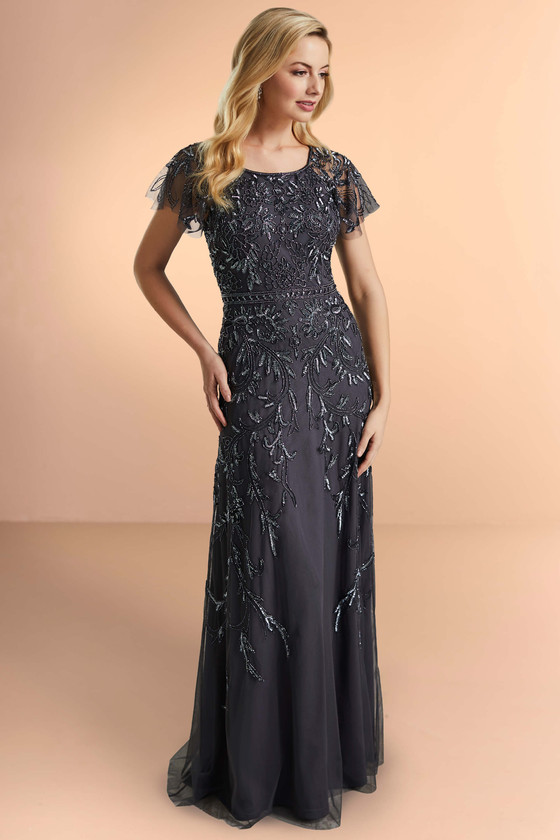 Front view of Christina Wu Elegance 17296 gunmetal beaded mesh mother of the bride dress.