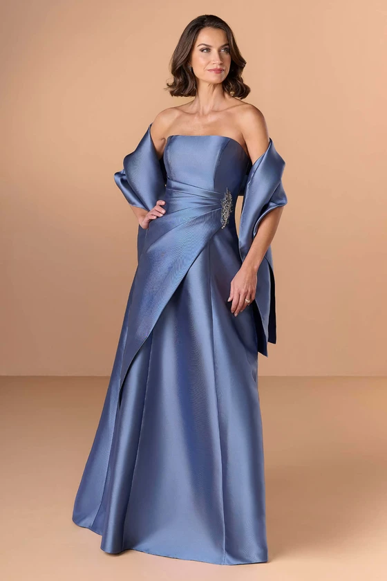 Front view of Christina Wu Elegance 17300 slate Mikado mother of the bride dress with detachable shawl.
