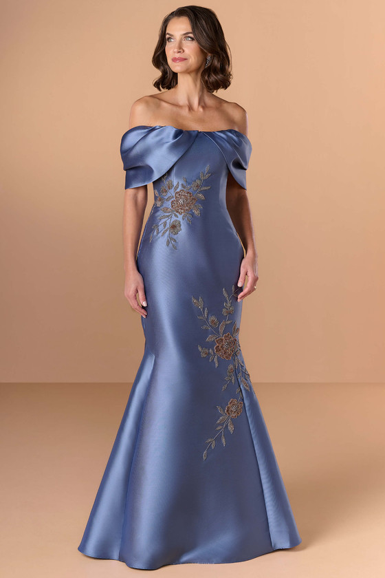 Front view of Christina Wu Elegance 17301 slate Mikado mother of the bride dress with floral beading.
