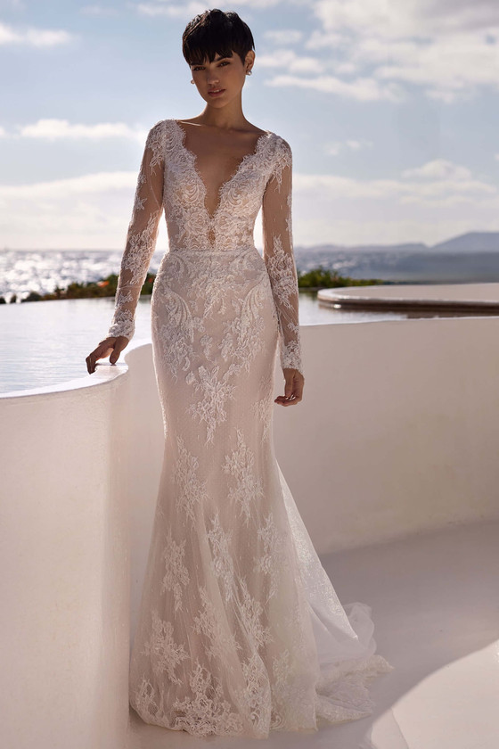 Front view of Milla Nova Adora lace fit-and-flare wedding dress