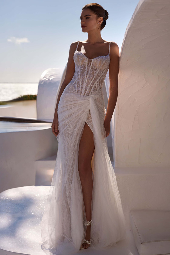 Front view of Milla Nova Amelion beaded lace sheath wedding dress