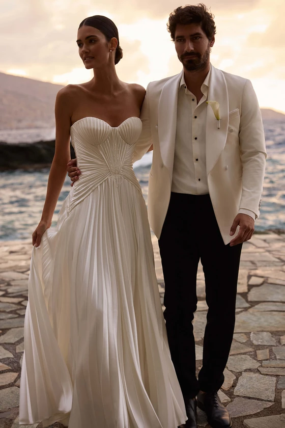 Front view of Milla Nova Amphitrite silk satin A-line wedding dress