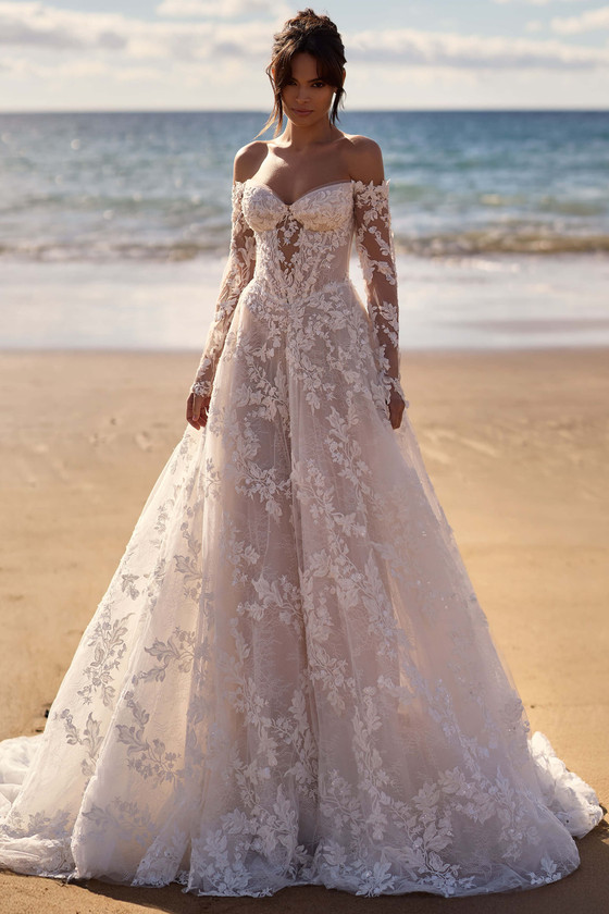 Front view of Milla Nova Charm lace A-line wedding dress with off-the-shoulder sleeves