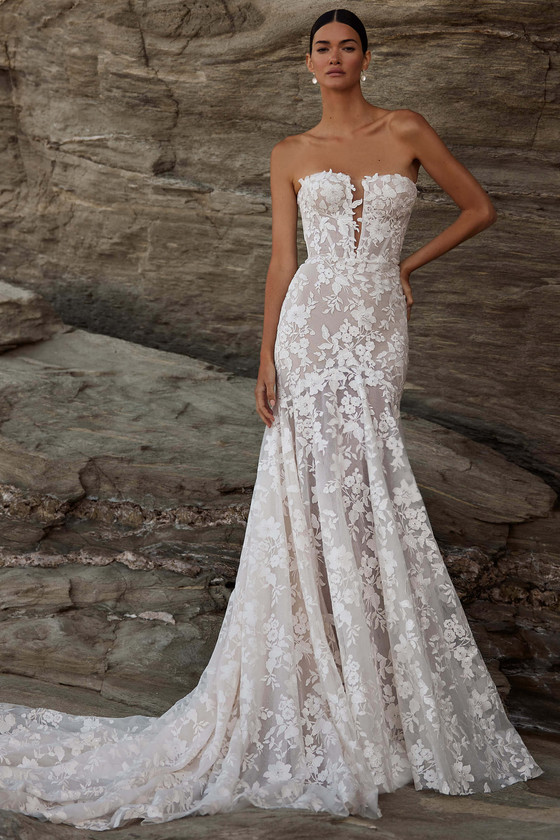 Front view of Milla Nova Claire lace fit-and-flare wedding dress