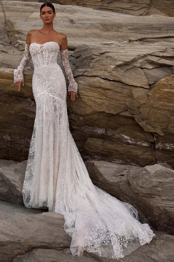 Front view of Milla Nova Ismeria lace fit-and-flare wedding dress