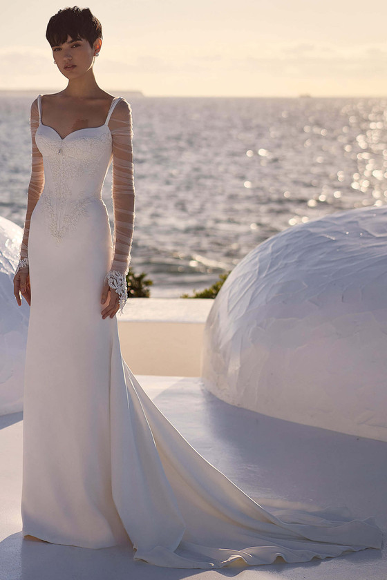 Front view of Milla Nova Liora satin sheath wedding dress