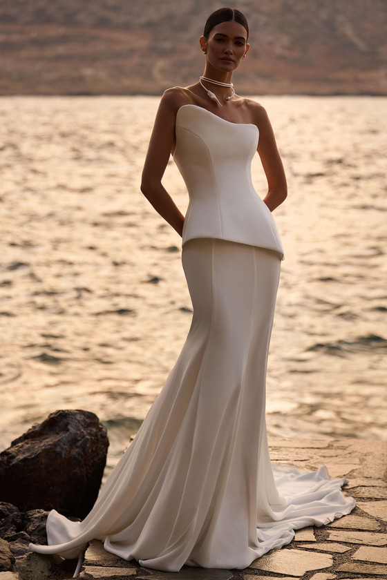 Front view of Milla Nova Lucetta asymmetrical bridal corset with chiffon skirt