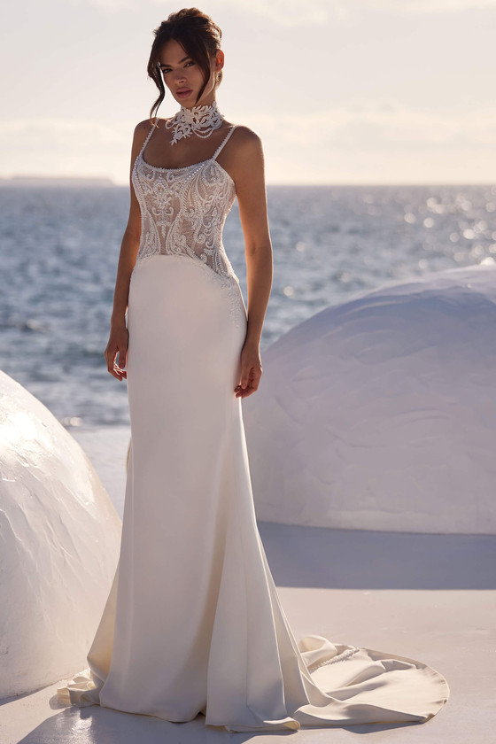 Front view of Milla Nova Novira beaded lace sheath wedding dress