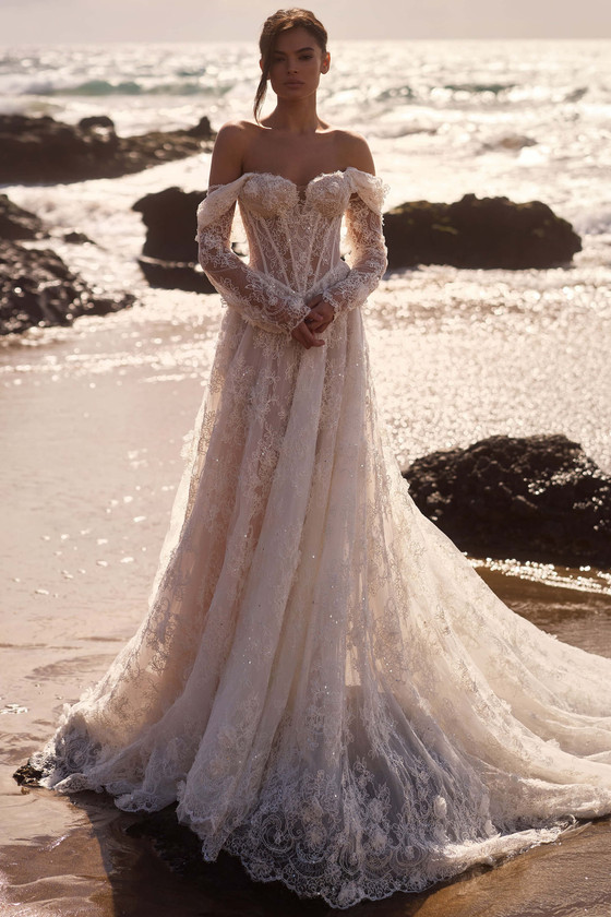 Front view of Milla Nova Primrose Chantilly lace A-line wedding dress