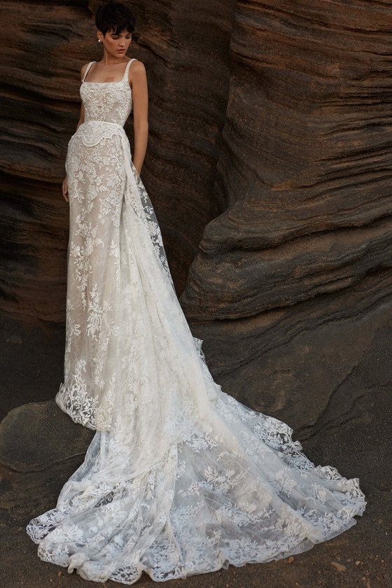 Front view of Milla Nova Theodora floral lace fit-and-flare wedding dress