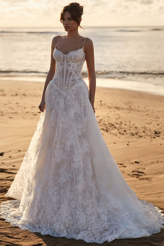 Front view of Milla Nova Vanessa Chantilly lace A-line wedding dress