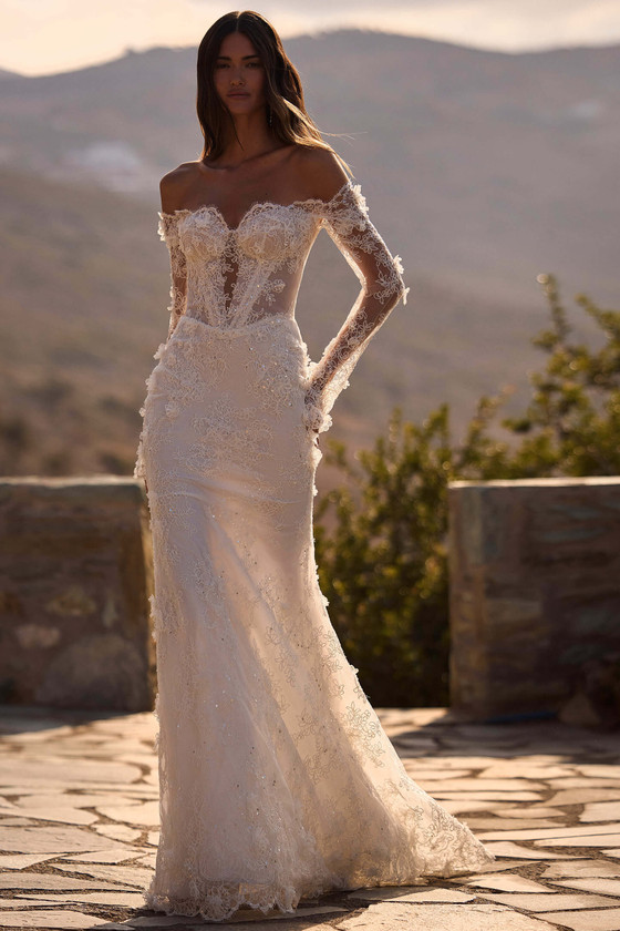 Front view of Milla Nova Vespera floral lace wedding dress