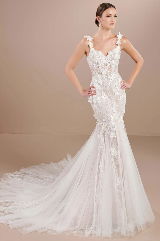 Front view of Christina Wu 15865 3D floral mermaid wedding dress with sweetheart neckline