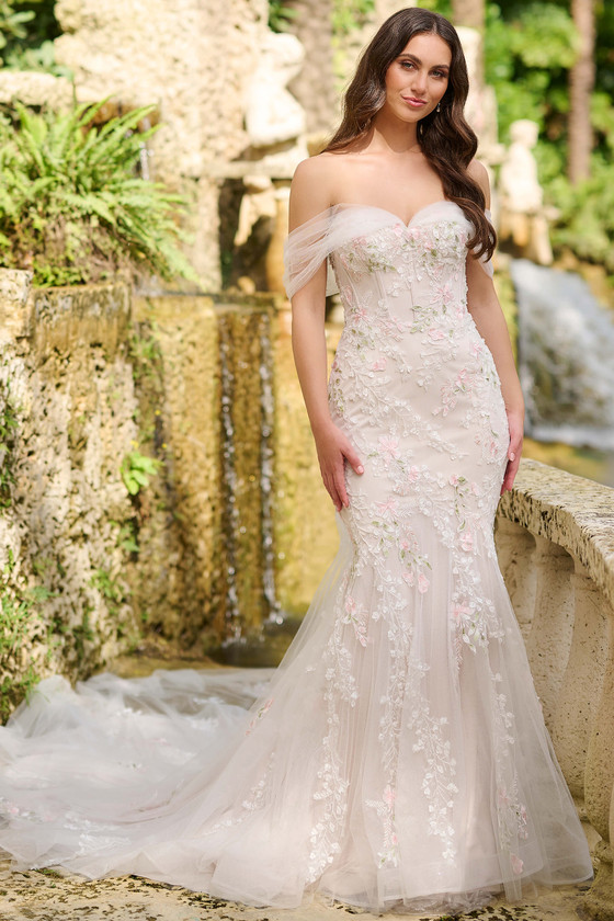 Front view of Christina Wu 15883 in the Ivory Multi color with floral embroidery