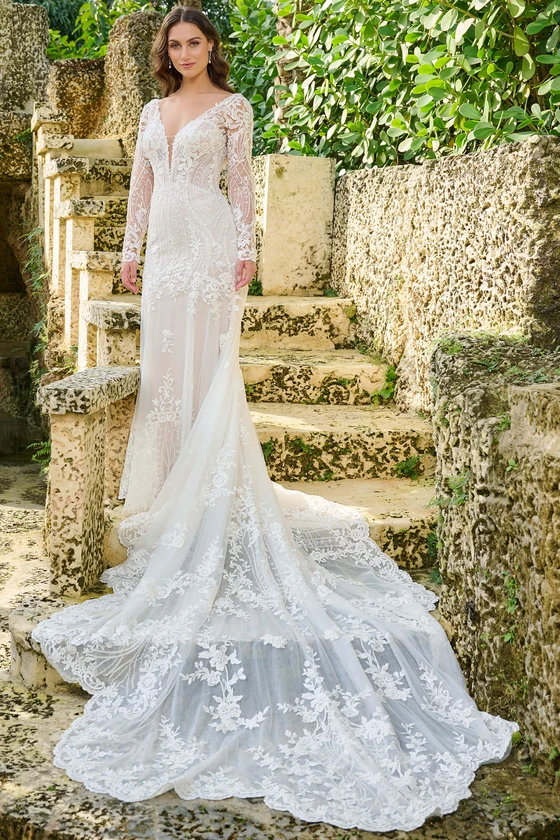 Front view of Christina Wu 15888 fit and flare wedding dress with detachable lace sleeves