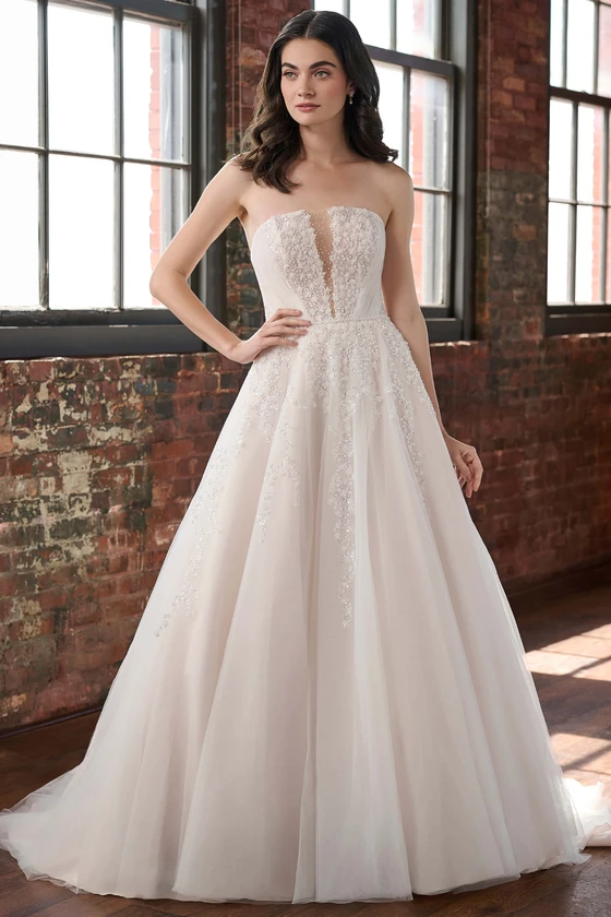 Front view of Christina Wu 15915 strapless A-line wedding dress with pleated bodice