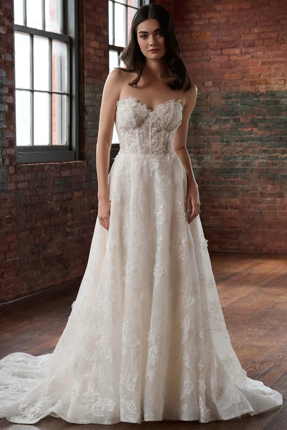 Front view of Christina Wu 15921 A-line wedding dress with 3D floral lace