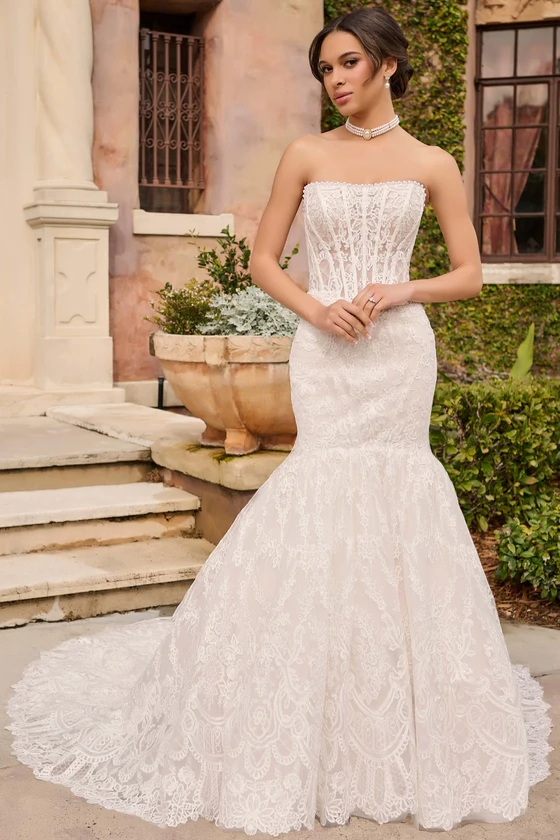 Front view of Christina Wu 15926 baroque lace mermaid wedding dress with straight neckline