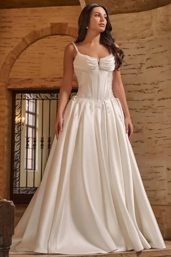 Front view of Christina Wu 15931 Mikado ball gown wedding dress with basque waist