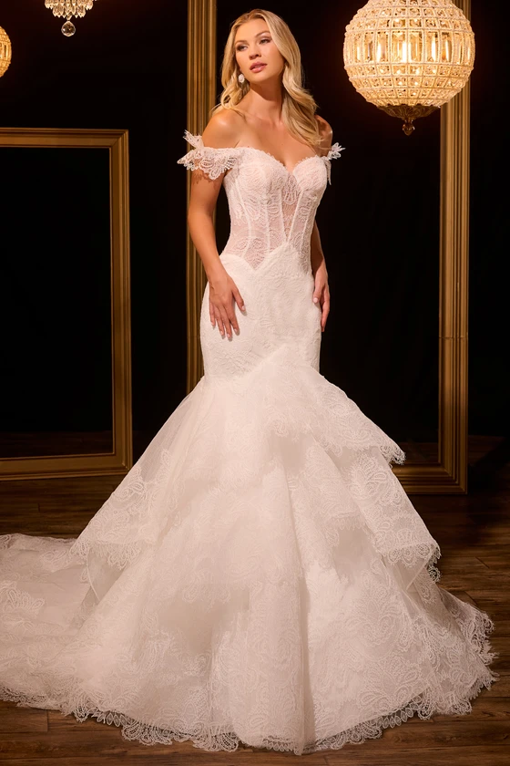 Front view of Christina Wu 15953 scalloped lace mermaid wedding dress
